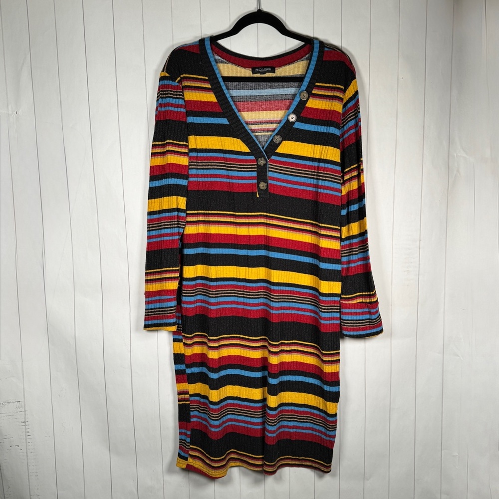 Rouge Collection Rainbow Striped Knit Midi Henley Sweater Dress Y2K Womens 3X